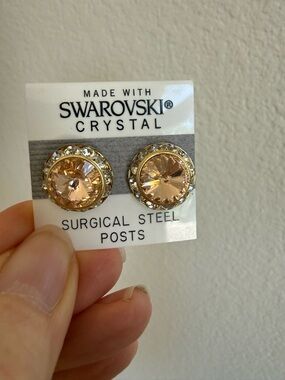 Champagne Peach Swarovski Rhinestone Button Earrings - New!